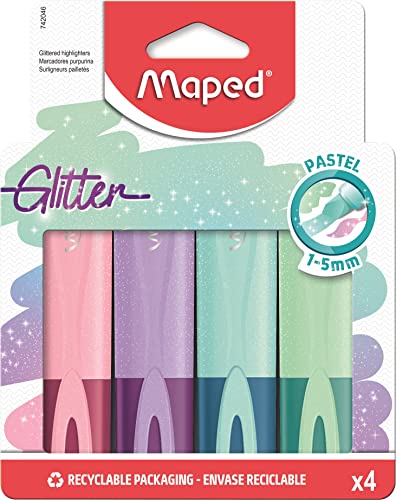 Maped - Textmarker, Leuchtmarker FLUO PEPS PASTELL GLITTER - x4 Marker mit Glitter-Partikeln (grün, hellblau, lila, rosa) von Maped