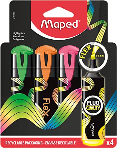 Maped - Textmarker, Markierstift FLUO PEPS FLEX - extra-weiche, flexible Spitze - perfektes Markier-Ergebnis - x4 Marker 740300 von Maped