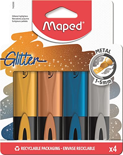 Maped - Textmarker, Markierstift FLUO PEPS METALLIC GLITTER - x4 Marker mit Glitter-Partikeln (gold, silber, kupfer, blau) von Maped