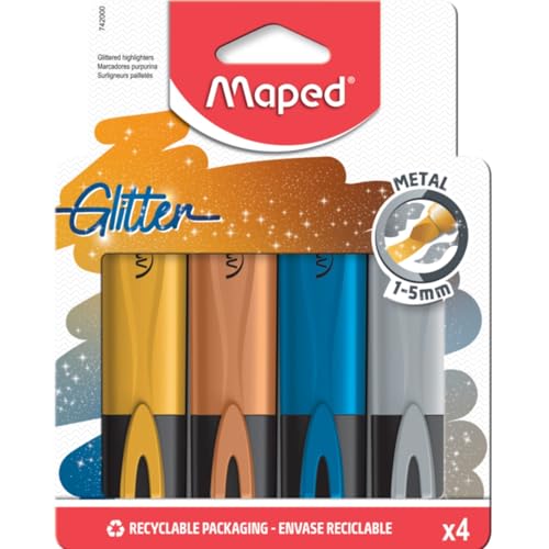 Maped - Textmarker, Markierstift FLUO PEPS METALLIC GLITTER - x4 Marker mit Glitter-Partikeln (gold, silber, kupfer, blau) von Maped