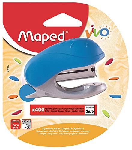 Maped Vivo Mini Heftgerät für Heftklammern 24/6 oder 26/6, mit integriertem Heftklammern, 400 Heftklammern, Blau von Maped