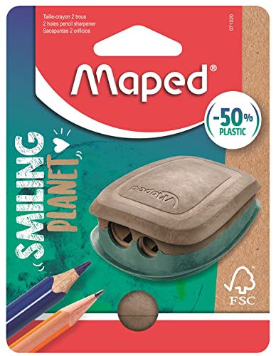 Maped - der ökologisch nachhaltige Anspitzer SMILING PLANET für 2 Stiftgröße mit Auffangdose -aus Holzfaserverbundstoff: 50% recycelter Kunststoff & 50% FSC-zertifiziertes Holzfaser von Maped