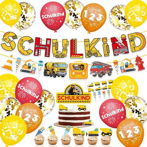 Maqhpu Bagger Einschulung Deko, Deko Einschulung Junge, Schulanfang Junge Mädchen Deko, Schulkind Banner + Bagger Girlande + Schultüte Folienballon + Zuckertüte Luftballons mit ABC 123 + Tortendeko Maqhpu Bagger Einschulung Deko, Deko Einschulung Junge, Schulanfang Junge Mädchen Deko, Schulkind Banner + Bagger Girlande + Schultüte Folienballon + Zuckertüte Luftballons mit ABC 123 + Tortendeko von Maqhpu