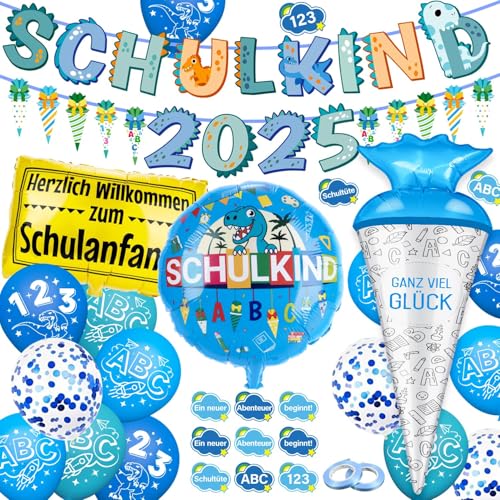 Maqhpu Einschulung Deko, Deko Einschulung Junge, Schulanfang Deko, Schulanfang Jungen, Schulkind Banner, 2025 Zuckertüten Girlande, Schultüte Folienballon (Blau-Dinosaurier) von Maqhpu