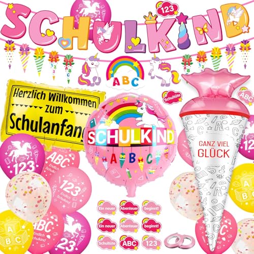 Maqhpu Einschulung Deko, Deko Einschulung Mädchen, Schulanfang Deko, Schulanfang Mädchen, Rosa Schulkind Banner, Einhorn Zuckertüte Girlande, Schultüte Folienballon (Einhorn) von Maqhpu