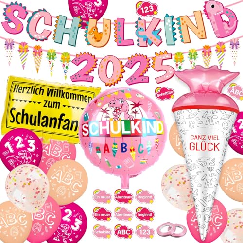 Maqhpu Einschulung Deko, Deko Einschulung Mädchen, Schulanfang Deko, Schulanfang Mädchen, Schulkind Banner, 2025 Zuckertüten Girlande, Schultüte Folienballon (Rosa-Dinosaurier) von Maqhpu