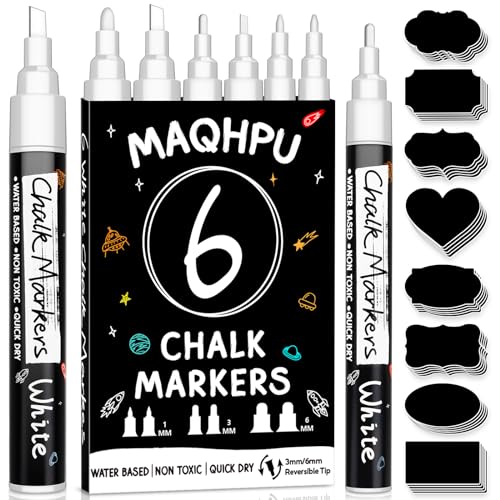 Maqhpu Weiß Kreidestifte für Tafel Abwaschbar, 6 Stück Kreidestifte und 45pcs Kreidetafel Labels, Fensterstifte Whiteboard Marker Kreidemarker Tafelstifte für Glas & Gewürzgläser (1mm, 3mm, 6mm) von Maqhpu