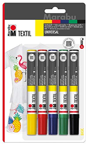 Marabu 0117000000080 - Textil Painter, Set Stoffmalstifte für helle Stoffe, auf Wasserbasis, Malspitze mit Strichstärke 2 - 4 mm, Set mit 5 Stiften in gelb, rot, grün, blau und schwarz von Marabu
