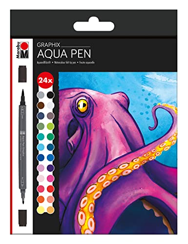Marabu 0145000000106 - Aqua Pen Graphix, Octopy, 24 Aquarell-Filzstifte im Set mit brillanter Farbe, wasserbasierte Tusche, Doppelspitze, aquarellierbar auf Aquarell-Papier Marabu 0145000000106 - Aqua Pen Graphix, Octopy, 24 Aquarell-Filzstifte im Set mit brillanter Farbe, wasserbasierte Tusche, Doppelspitze, aquarellierbar auf Aquarell-Papier von Marabu