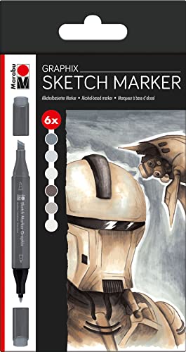 Marabu 0148000000101 - Sketch Marker Graphix 6er Set Alpha Robot, japanische Doppelspitze 1-7 mm Keilspitze und 1 mm fein, brillant, schnelltrocknende, alkoholbasierte Tinte, geruchsarm und wasserfest von Marabu