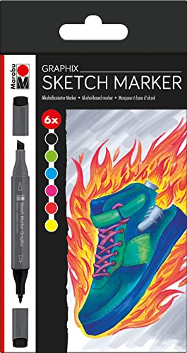 Marabu 0148000000102 - Sketch Marker Graphix 6er Set Heat, japanische Doppelspitze 1-7 mm Keilspitze und 1 mm fein, brillant, schnelltrocknende, alkoholbasierte Tinte, geruchsarm und wasserfest Marabu 0148000000102 - Sketch Marker Graphix 6er Set Heat, japanische Doppelspitze 1-7 mm Keilspitze und 1 mm fein, brillant, schnelltrocknende, alkoholbasierte Tinte, geruchsarm und wasserfest von Marabu