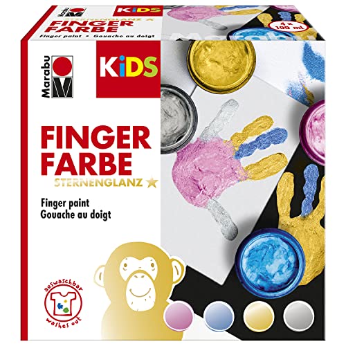 Marabu 0303000000086 - KiDS Fingerfarben-Set Sternenglanz mit leuchtenden Farben, 4 x 100 ml, vegan, auswaschbar, für Kinder ab 3 Jahren, Rosa, Blau, Gold, Silber von Marabu