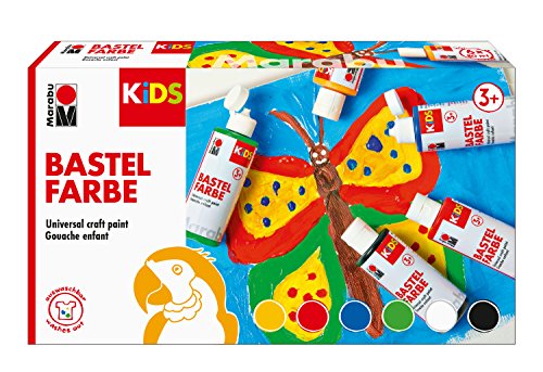 Marabu 0304000000001 - Kids Set 6x 80 ml Bastelfarbe für Kinder ab 3 Jahre, parabenfrei, vegan, gut deckend, schnell trocknend auf Papier, Holz, Stein, auswaschbar aus den meisten Textilien bei 30° von Marabu