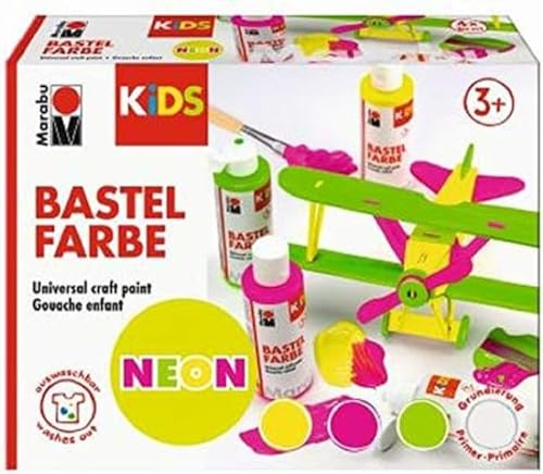 Marabu 0304000000002 - KiDS Bastelfarbe NEON, 4er-Set, 3 x fluoreszierende Tagesleuchtfarben und 1 x Bastelfarbe Weiß als Grundierung, leuchtet unter UV-Licht, auswaschbar ab 30°C, parabenfrei, vegan von Marabu