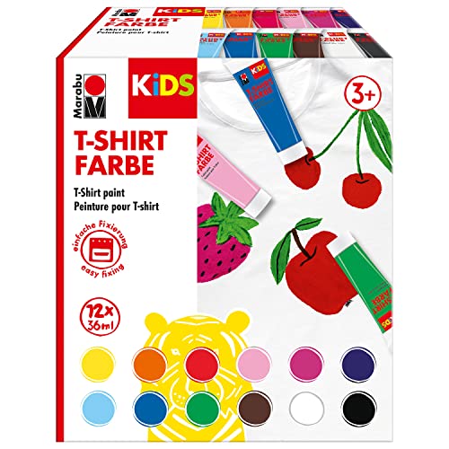 Marabu 0308000000011 - KiDS T-Shirt Farbe, Stoffmalfarbe zum Gestalten, 12 x 36 ml, nach Fixierung waschbeständig bis 60 °C, für Kinder ab 3 Jahren von Marabu