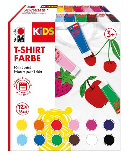 Marabu 0308000000011 - KiDS T-Shirt Farbe, Stoffmalfarbe zum Gestalten, 12 x 36 ml, nach Fixierung waschbeständig bis 60 °C, für Kinder ab 3 Jahren von Marabu