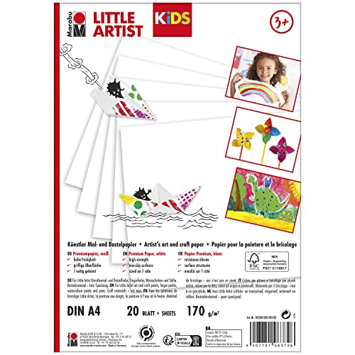 Marabu KiDS Little Artist, Künstlermal- und Bastelpapier DIN A4, 170 g/m², 20 Blätter aus FSC-zertifiziertem Papier, für Bastelfarbe, Fingerfarbe, Wasserfarbe und Stifte, 0320000000100 von Marabu