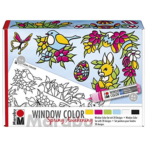 Marabu 0406000013909 - Window Color fun & fancy Spring Awakening Fensterfarbe auf Wasserbasis, 6 Stifte mit je 25 ml Farbe, 1 Malfolie A4 und 1 Malvorlage A3 von Marabu