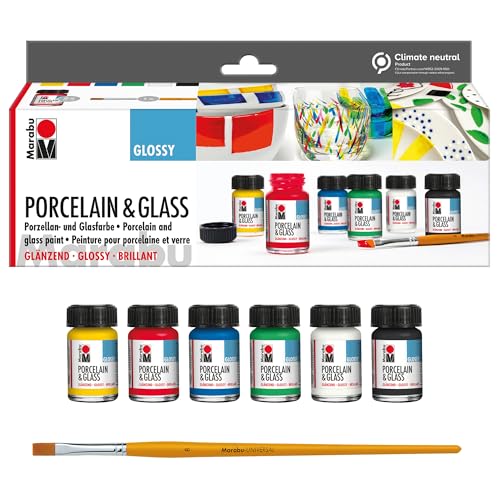 Marabu 1115000000087 - Porcelain & Glass Starter Set Glänzend, Porzellan- und Glasfarbe auf Wasserbasis, spülmaschinenfest ohne Einbrennen, 6 x 15 ml Farbe und Pinsel Marabu 1115000000087 - Porcelain & Glass Starter Set Glänzend, Porzellan- und Glasfarbe auf Wasserbasis, spülmaschinenfest ohne Einbrennen, 6 x 15 ml Farbe und Pinsel von Marabu