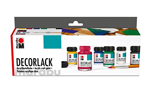Marabu 1130000000087 - Decorlack Acryl Starter Set, hochglänzender Acryllack auf Wasserbasis, wetterfest, speichelecht, zum Malen, Schablonieren und für Serviettentechnik, 6 x 15 ml Farbe und Pinsel Marabu 1130000000087 - Decorlack Acryl Starter Set, hochglänzender Acryllack auf Wasserbasis, wetterfest, speichelecht, zum Malen, Schablonieren und für Serviettentechnik, 6 x 15 ml Farbe und Pinsel von Marabu