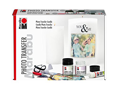 Marabu 1141000000002 - Photo Transfer Candle Set, zum Übertragen von Papierausdrucken auf Kerzen, 50 ml Medium, 50 ml Candle Lack, Pinsel, Rakel und 25 ml Candle Liner silber von Marabu