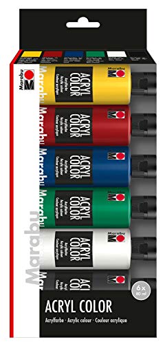 Marabu 1201000000080 - Acryl Color Set, 6 x 80 ml in mittelgelb, karminrot, mittelblau, saftgrün, weiß und schwarz, cremige seidenmatte Acrylfarbe auf Wasserbasis, schnell trocknend und gut deckend von Marabu