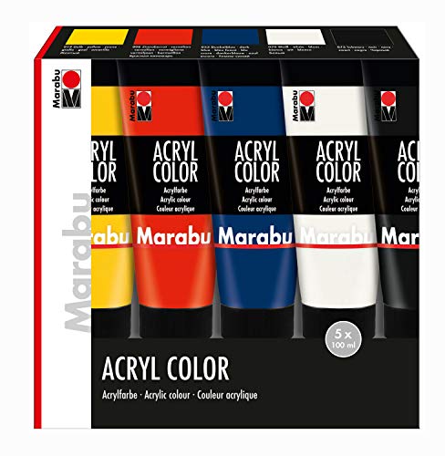 Marabu 1201000000087 - Acryl Color Set, 5 x 100 ml in gelb, zinnoberrot, dunkelblau, weiß und schwarz, cremige seidenmatte Acrylfarbe auf Wasserbasis, schnell trocknend, mischbar und gut deckend von Marabu