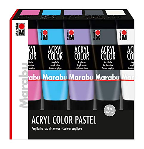 Marabu 1201000000088 - Acryl Color Set Pastell, 5 x 100 ml in weiß, lavendel, hellblau, pink und dunkelgrau, cremige seidenmatte Acrylfarbe auf Wasserbasis, schnell trocknend, mischbar und gut deckend von Marabu