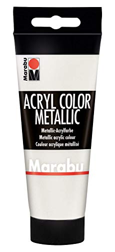 Marabu 12010050770 - Acryl Color metallic weiß 100 ml, cremige Acrylfarbe auf Wasserbasis, schnell trocknend, lichtecht, wasserfest, zum Auftragen mit Pinsel und Schwamm auf Leinwand, Papier und Holz von Marabu