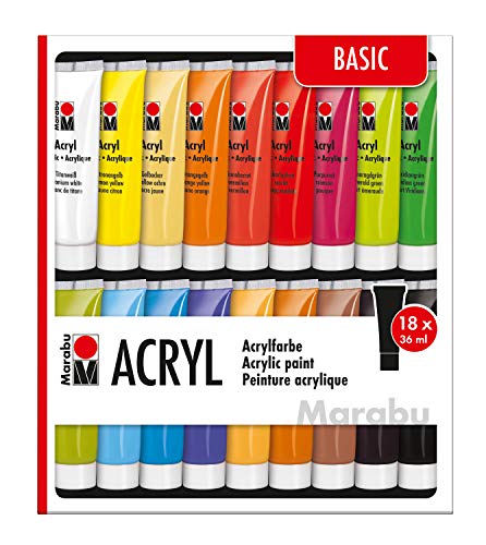 Marabu 1210000000201 - Acrylfarben Set Basic, mit 18 x 36 ml Farbe, auf Wasserbasis, für viele Untergründe geeignet, schnell trocknend, wasserfest und lichtecht von Marabu