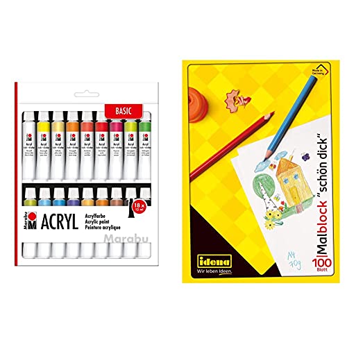 Marabu 1210000000202 - Acrylfarbenset mit 18 Farben á 12 ml, deckende, matt glänzende Acrylfarben auf Wasserbasis, für Keilrahmen + Idena Malblock, A4, 100 Blatt, 70g/m², Schön Dick von Marabu