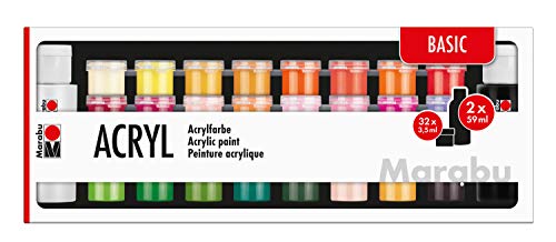 Marabu 1210000000208 - Großes Einsteigerset Acrylfarben Basic, 32 x 3,5 ml und 2 x 59 ml, auf Wasserbasis, wasserfest und lichtbeständig, schnelltrocknend für Keilrahmen, Papier, Pappe, Holz Marabu 1210000000208 - Großes Einsteigerset Acrylfarben Basic, 32 x 3,5 ml und 2 x 59 ml, auf Wasserbasis, wasserfest und lichtbeständig, schnelltrocknend für Keilrahmen, Papier, Pappe, Holz von Marabu