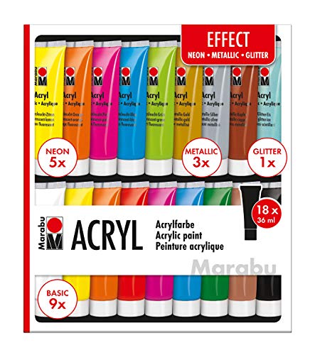 Marabu 1210000000209 - Acrylfarben Set Effect, mit 18 x 36 ml Farbe, 9 x Basic, 5 x Neon, 3 x Metallic und 1 x Glitter, auf Wasserbasis, für viele Untergründe geeignet, schnell trocknend, wasserfest Marabu 1210000000209 - Acrylfarben Set Effect, mit 18 x 36 ml Farbe, 9 x Basic, 5 x Neon, 3 x Metallic und 1 x Glitter, auf Wasserbasis, für viele Untergründe geeignet, schnell trocknend, wasserfest von Marabu
