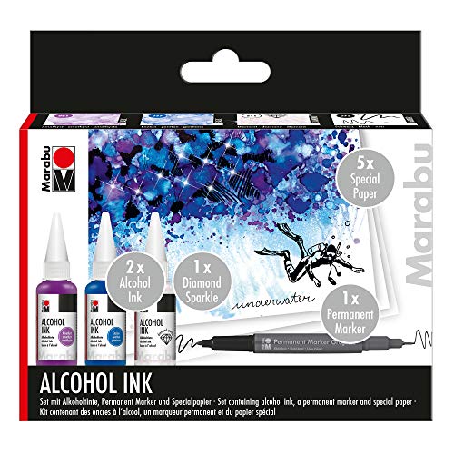 Marabu 1216000000100 - Alcohol Ink Set Underwater mit 3 x 20 ml Alkohol Tinte, 1 x Permanent Marker, Spezialpapier und Anleitung, Alkoholtinte für Fluid Art, Resin Art und Epoxidharz Farbe Marabu 1216000000100 - Alcohol Ink Set Underwater mit 3 x 20 ml Alkohol Tinte, 1 x Permanent Marker, Spezialpapier und Anleitung, Alkoholtinte für Fluid Art, Resin Art und Epoxidharz Farbe von Marabu