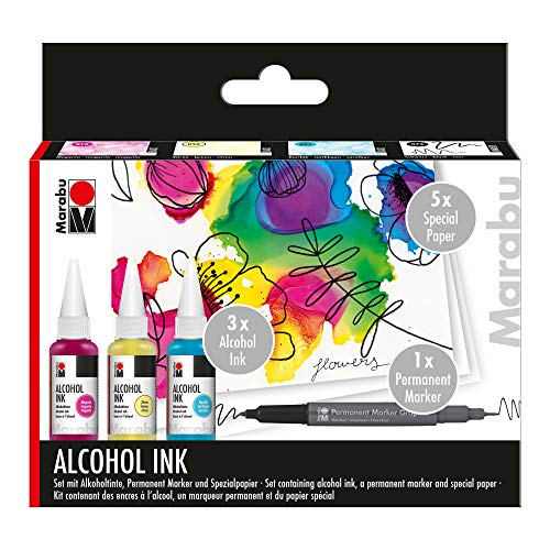 Marabu 1216000000101 - Alcohol Ink Set Flowers mit 3 x 20 ml Alkohol Tinte, 1 x Permanent Marker, Spezialpapier und Anleitung, Alkoholtinte für Fluid Art, Resin Art und Epoxidharz Farbe von Marabu