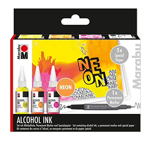 Marabu 1216000000102 - Alcohol Ink Set Neon mit 3 x 20 ml Alkohol Tinte, 1 x Permanent Marker, Spezialpapier und Anleitung, Alkoholtinte für Fluid Art, Resin Art und Epoxidharz Farbe von Marabu