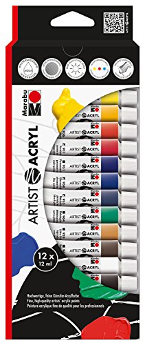 Marabu 1220000000090 - Artist Acryl Sortierung Set, feine Acrylfarbe in Künstlerqualität, auf Wasserbasis, pastose Konsistenz, hoch pigmentiert, sehr gute Brillanz und Deckkraft, 12 x 12 ml von Marabu