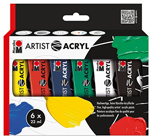 Marabu 1220000000091 - Artist Acryl Sortierung, Set, feine Acrylfarbe in Künstlerqualität, auf Wasserbasis, pastose Konsistenz, hoch pigmentiert, sehr gute Brillanz und Deckkraft, 6 x 22 ml von Marabu