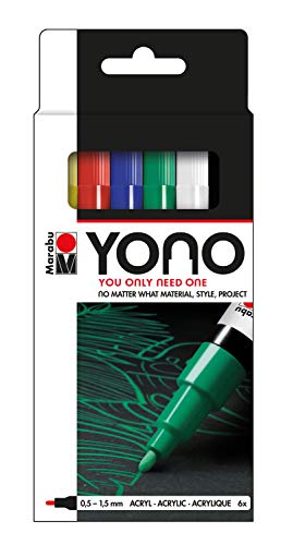 Marabu 1240000003999 - YONO Marker Set mit 6 Farben, vielseitige Acrylstifte mit feiner, japanischer Rundspitze 0,5 - 1,5 mm, wasserbasiert, lichtecht und wasserfest, für nahezu alle Untergründe von Marabu