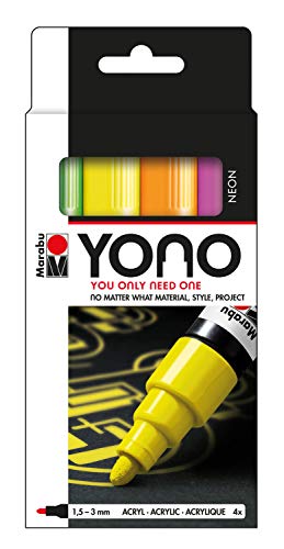 Marabu 1240000004000 - YONO Marker Set Neon mit 4 Farben, vielseitige Acrylstifte mit japanischer Rundspitze 1,5 - 3 mm, wasserbasiert, lichtecht und wasserfest, für nahezu alle Untergründe von Marabu