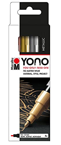 Marabu 1240000004001 - YONO Marker Set Metall mit 4 Farben, vielseitige Acrylstifte, feine, japanische Rundspitze 0,5 - 1,5 mm, wasserbasiert, lichtecht und wasserfest, für nahezu alle Untergründe von Marabu