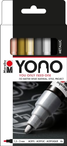 Marabu 1240000004001 - YONO Marker Set Metall mit 4 Farben, vielseitige Acrylstifte mit japanischer Rundspitze 1,5 - 3 mm, wasserbasiert, lichtecht und wasserfest, für nahezu alle Untergründe von Marabu