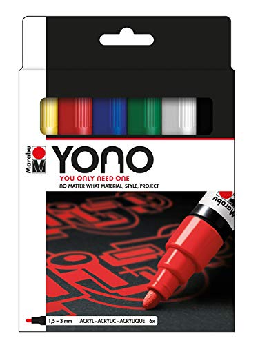 Marabu 1240000004002 - YONO Marker Set mit 6 Farben, vielseitige Acrylstifte mit japanischer Rundspitze 1,5 - 3 mm, wasserbasiert, lichtecht und wasserfest, für nahezu alle Untergründe von Marabu