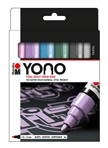 Marabu 1240000004003 - YONO Marker Set Pastell mit 6 Farben, vielseitige Acrylstifte mit japanischer Rundspitze 1,5 - 3 mm, wasserbasiert, lichtecht und wasserfest, für nahezu alle Untergründe von Marabu