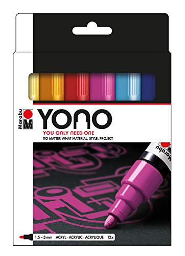 Marabu 1240000004004 - YONO Marker Set mit 12 Farben, vielseitige Acrylstifte mit japanischer Rundspitze 1,5 - 3 mm, wasserbasiert, lichtecht und wasserfest, für nahezu alle Untergründe von Marabu