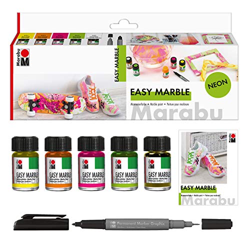 Marabu 1305000000080 - Easy Marble Neon Set, 5 Farben + Permanent Marker, Marmorierfarbe zum kinderleichten Tauchmarmorieren von Kunststoff, Glas, Holz, Styropor und flächigen Marmorieren von Papier von Marabu