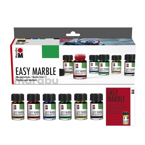 Marabu 1305000000087 - Easy Marble Starter Set, Marmorierfarbe zum kinderleichten Tauchmarmorieren von Kunststoff, Glas, Holz, Styropor und flächigen Marmorieren von Papier, 6 x 15 ml Grundfarben von Marabu