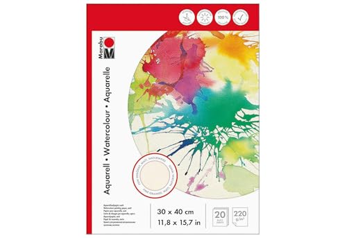 Marabu 1612000000023 - Malblock für Aquarellmalerei, 210 g/qm, 20 Blatt, 30 x 40 cm, naturweiß, Aquarellmalpapier fein gekörnt, matt, säurefrei, für Entwürfe und Studien geeignet von Marabu