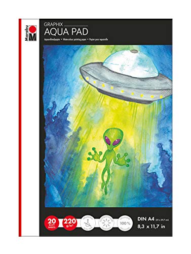 Marabu 1612000000400 - Aqua Pad Graphix, Aquarellblock DIN A4, 20 Blatt 220 g/m², naturweiß, fein gekörnt, matt, säurefrei und alterungsbeständig, für alle Aquarelltechniken von Marabu