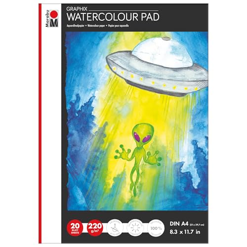 Marabu Graphix Watercolour Pad, Aquarellblock DIN A4, 20 Blatt 220 g/m², naturweiß, fein gekörnt, matt, säurefrei und alterungsbeständig, für alle Aquarelltechniken, 1612000000400 Marabu Graphix Watercolour Pad, Aquarellblock DIN A4, 20 Blatt 220 g/m², naturweiß, fein gekörnt, matt, säurefrei und alterungsbeständig, für alle Aquarelltechniken, 1612000000400 von Marabu